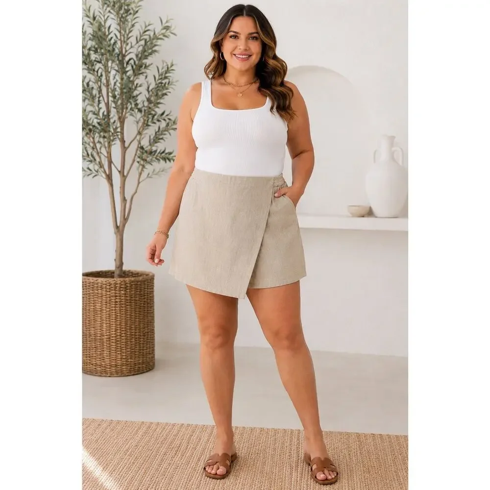 Old Navy 2X Beige Linen Blend Wrap Skort Pull On Shorts Skirt Plus Size